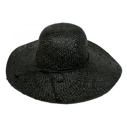 Straw Big Rim Hats - Raffia Straw Woven w/ Beads String Rounded - Black - HT-ST273BK